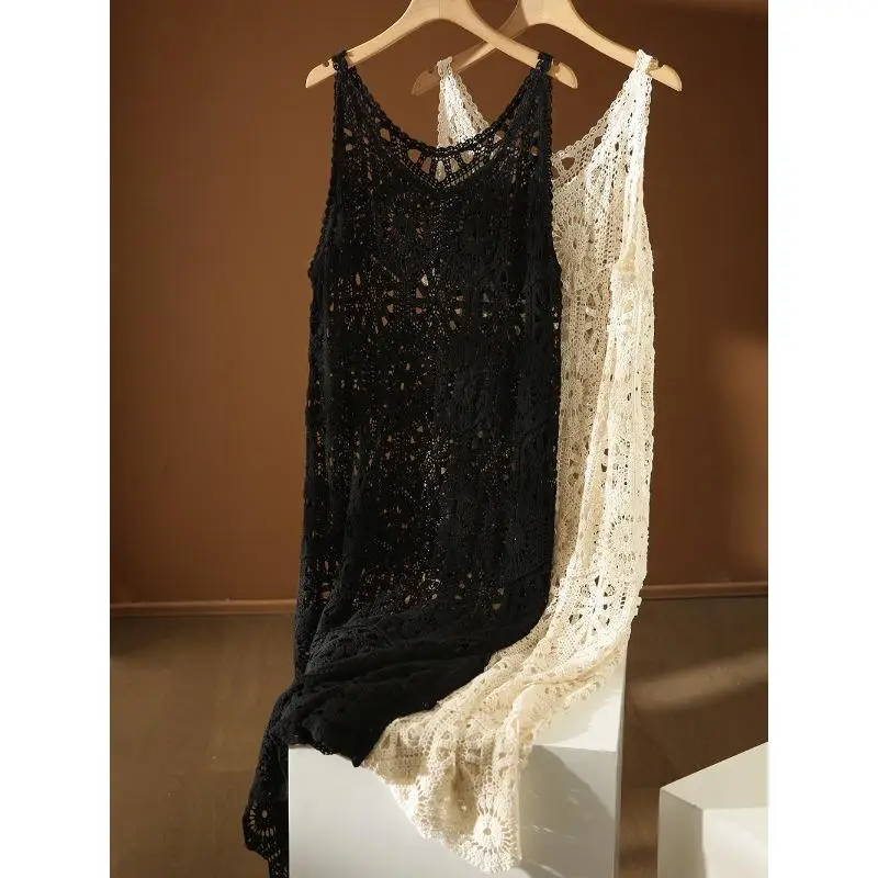 Robe longue en dentelle tricotée pour femmes, gilet ajouré, Sexy, col rond, Style d'été, hauts t-shirts amples, basique, noir, nouvelle collection 2024