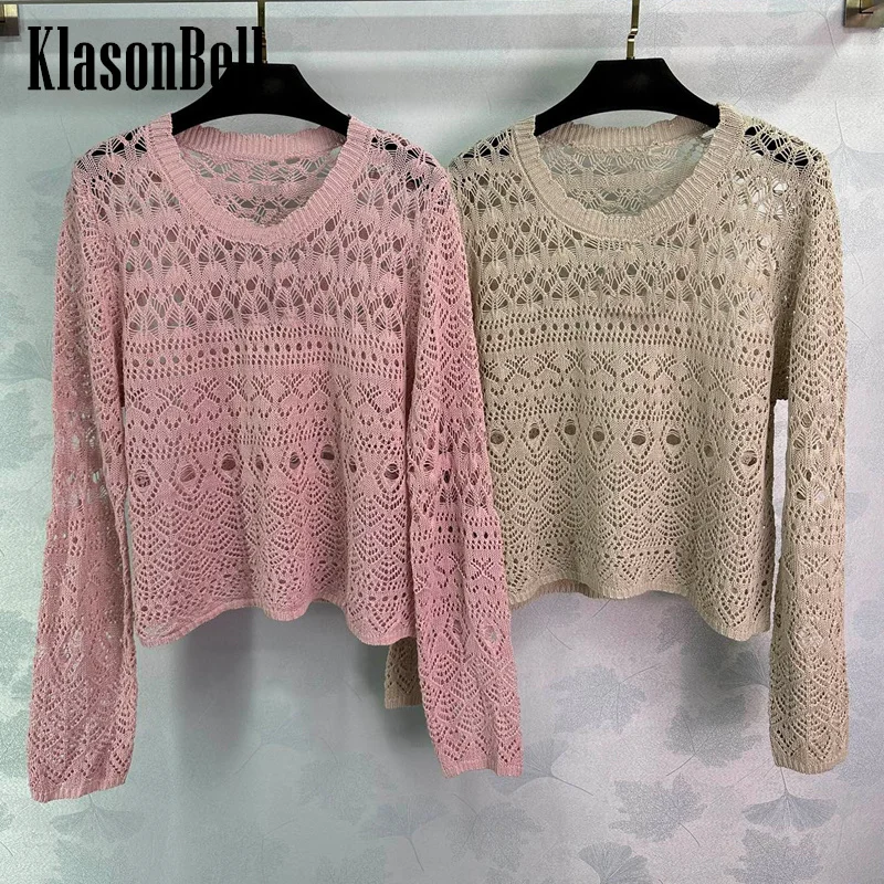 

8.2 KlasonBell Women Hand Crochet Jacquard Knitwear Sexy Hollow Out O-Neck Long Sleeve Wool Knit Comfortable Sweater