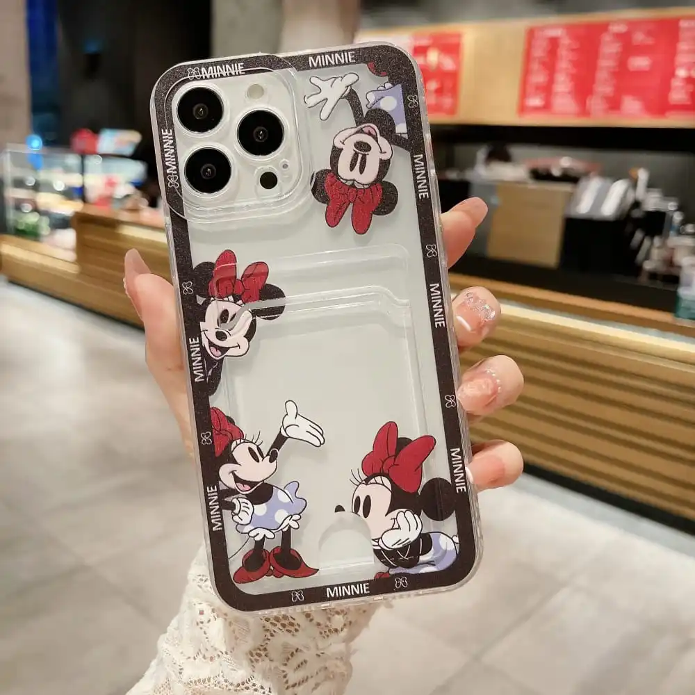 Cute Cartoon Anime Minnie Mouse Phone Case for IPhone 11 12 13 14 15 Pro Max X XR XS 7 8 Plus Soft Tpu Wallet Cover Card Holder