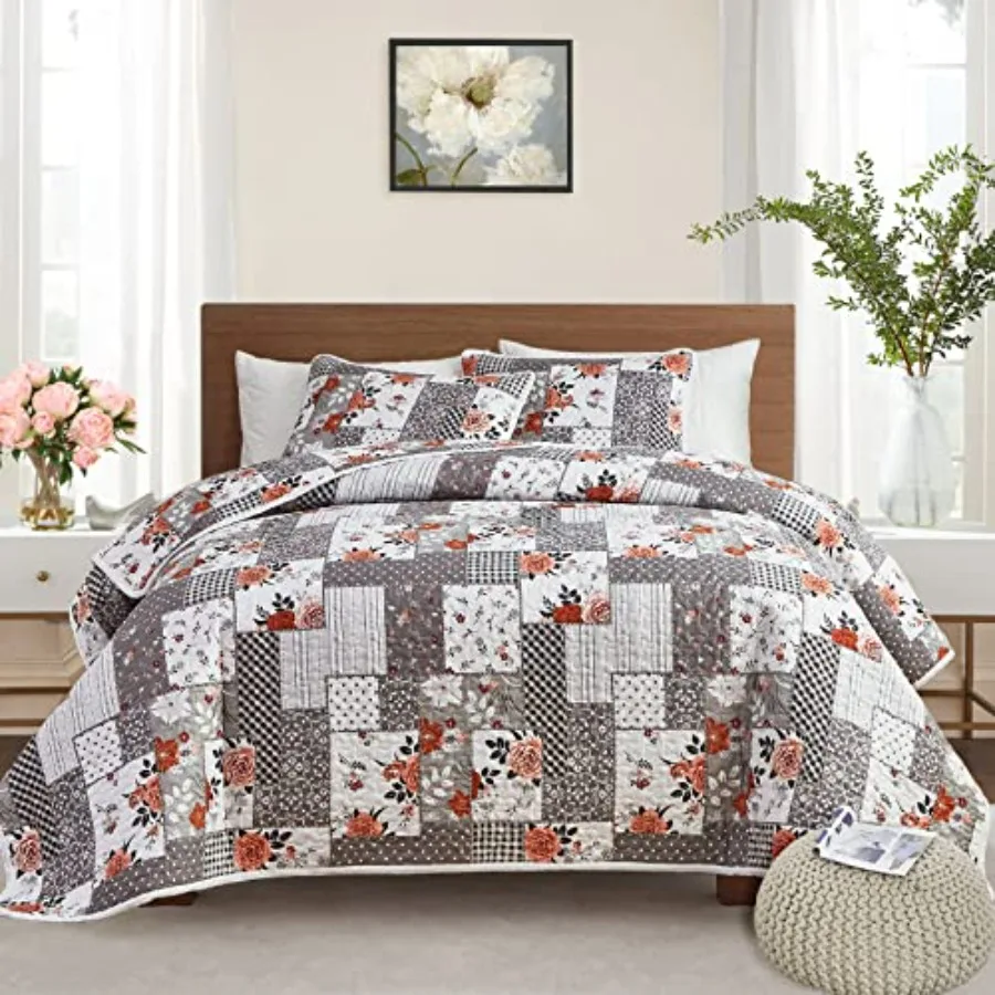 

Patchwork Quilt Set King Size 3 Pieces Grey White Floral Plaid Summer Bedspread Coverlet Set Soft Microfiber Reversible Lightwe