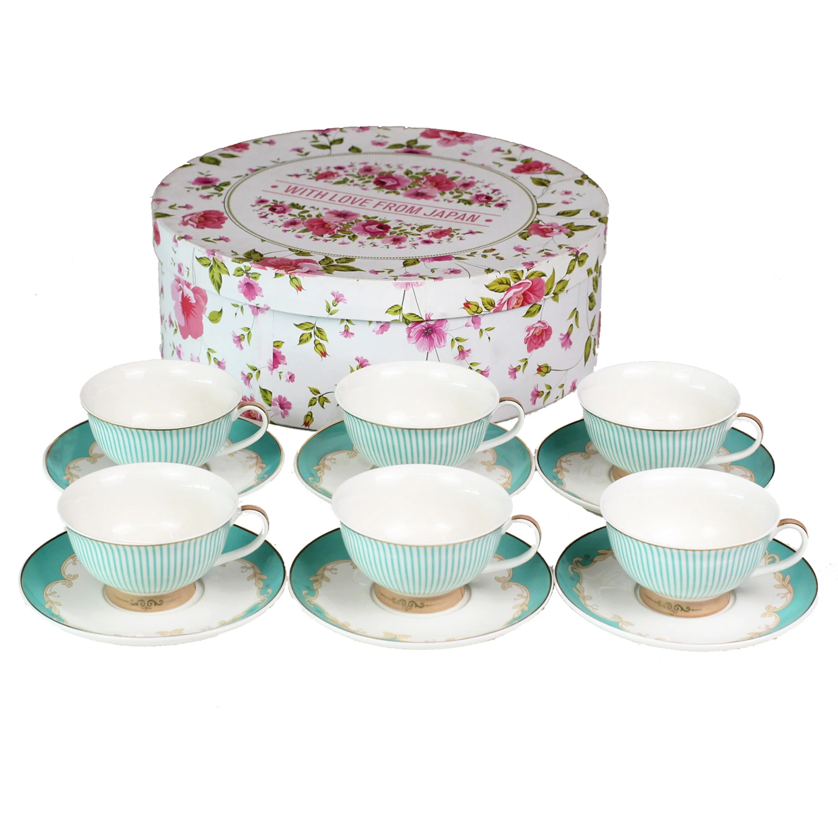 Green stripe new bone porcelain cup & saucer in 6 sets gift pack for Tea coffee or wedding gifts