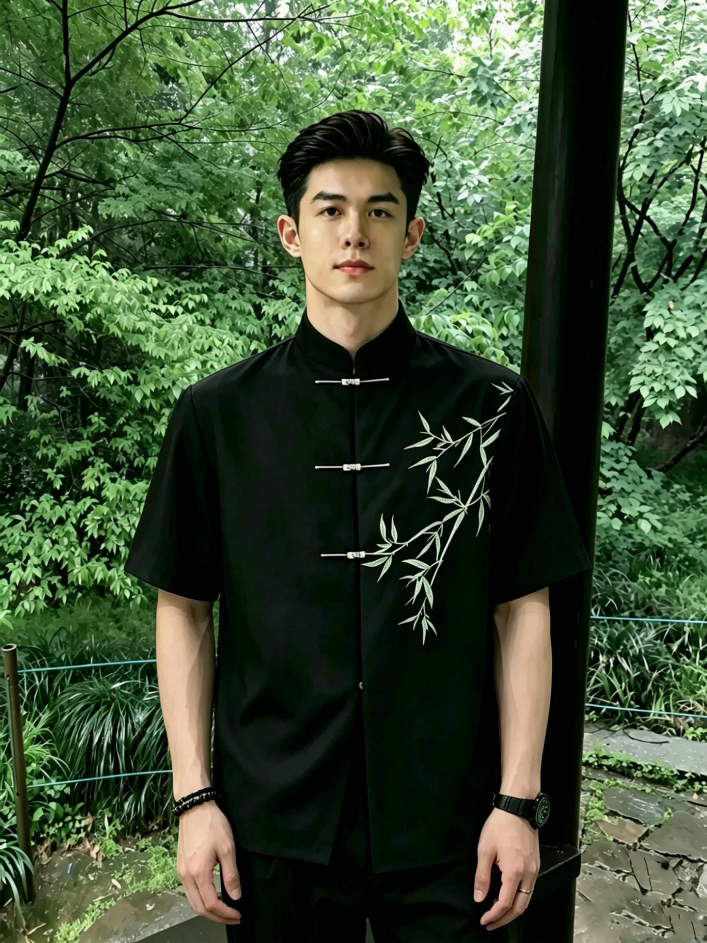 New Chinese Style Men's Short Sleeve Shirt Embroidered Bamboo Stand Collar Wedding Suit Set Breathable Anti-Wrinkle Summer Wear
