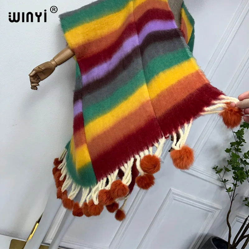 WINYI Winter stripe color cloak High Quality poncho Long Loose OverCoat Thick Warm Female coat for women Hanging ball cardigan