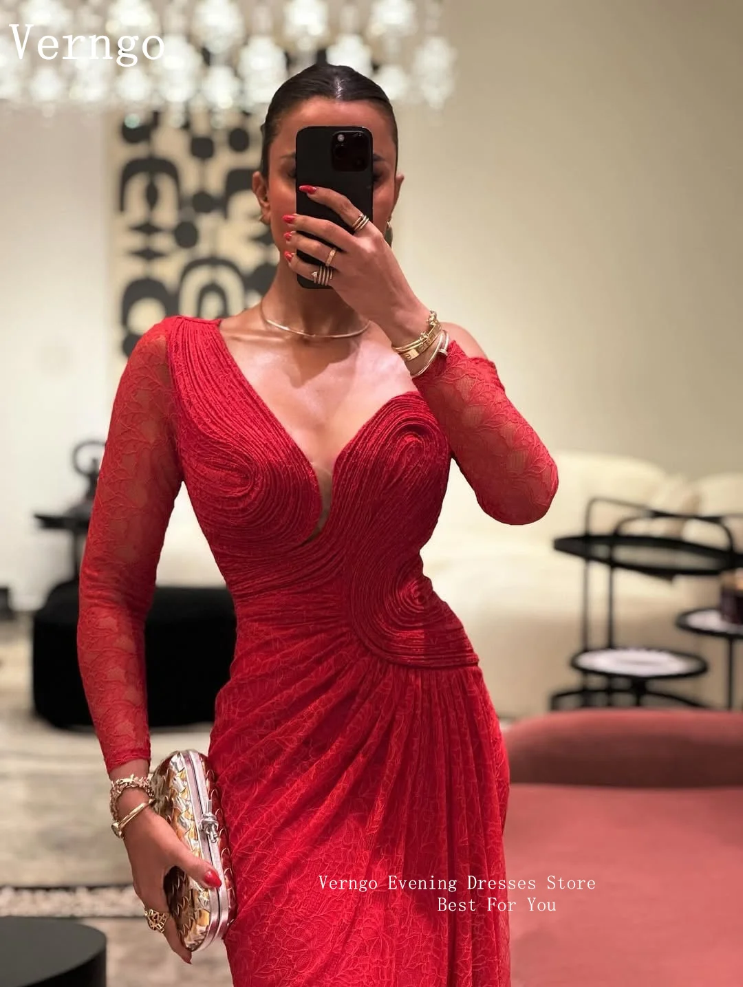 Verngo Elegant Red Lace Prom Gowns V Neck Side Sli Full Sleeves Formal Occasion Dresses Arabic Party Dress Customized image 5