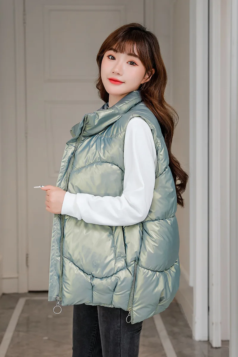 Sleeveless Loose Jacket Puffer Vest Autumn Winter Women Stand-Up Collar Down Cotton Coat Overcoat Quilted Padded Warm Thick Vest