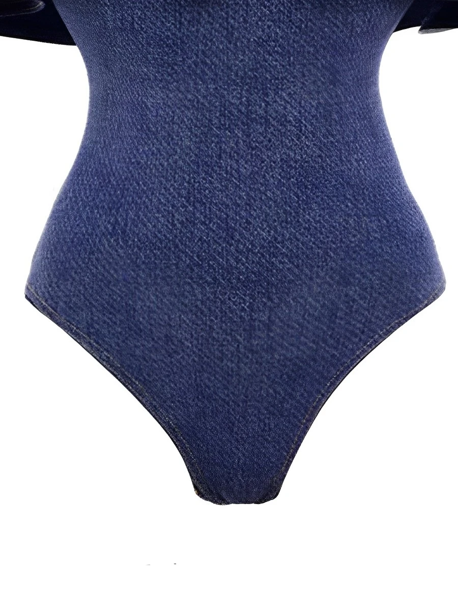 2024 Strapless Frill Denim Swimsuit Women One Piece Sexy Swimwear Female Beachwear Bathers Bathing Swimming Swim Suit