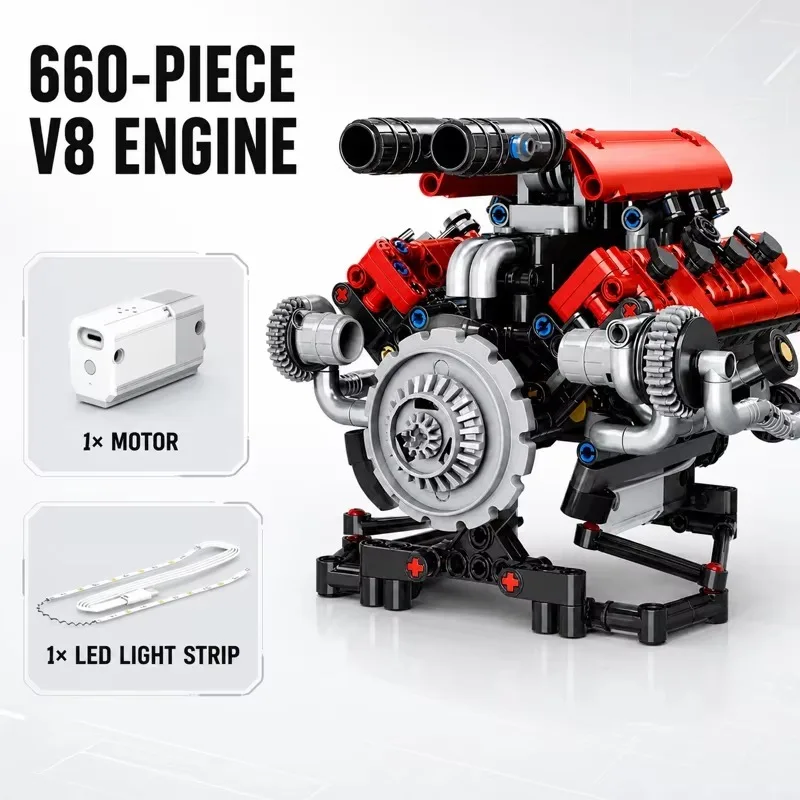 K96203 V8 Car Engine Building Block Set LED Light Motor Drive Mechanical STEM Assembly Model Toy