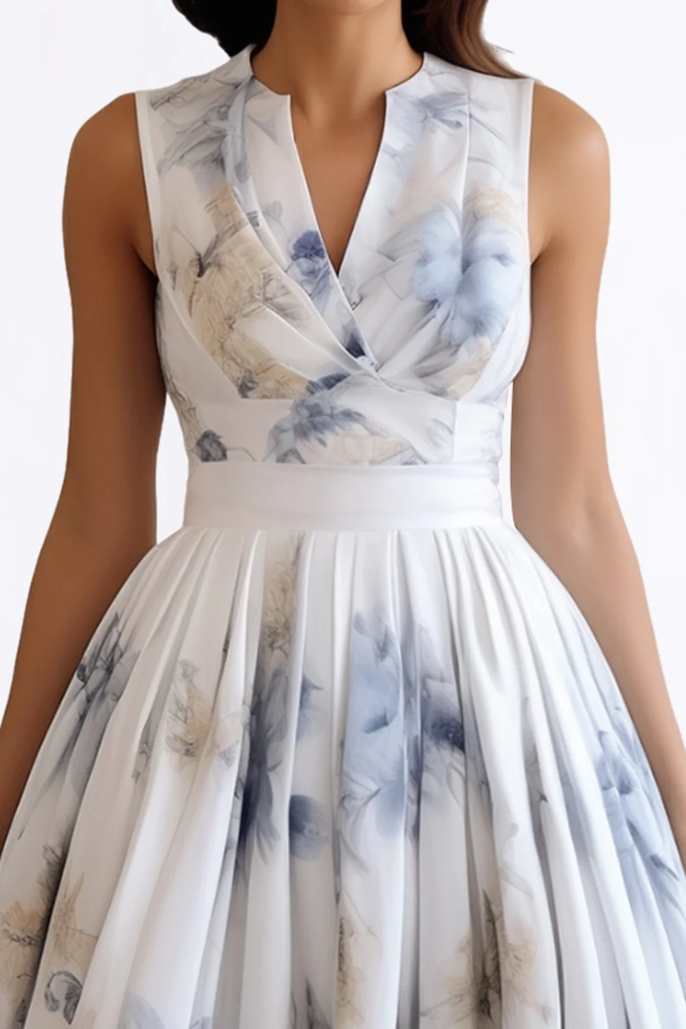 Robe d'invité de mariage pour femmes, en mousseline de soie bleue, imprimé Floral, col en V, sans manches, robe mi-longue
