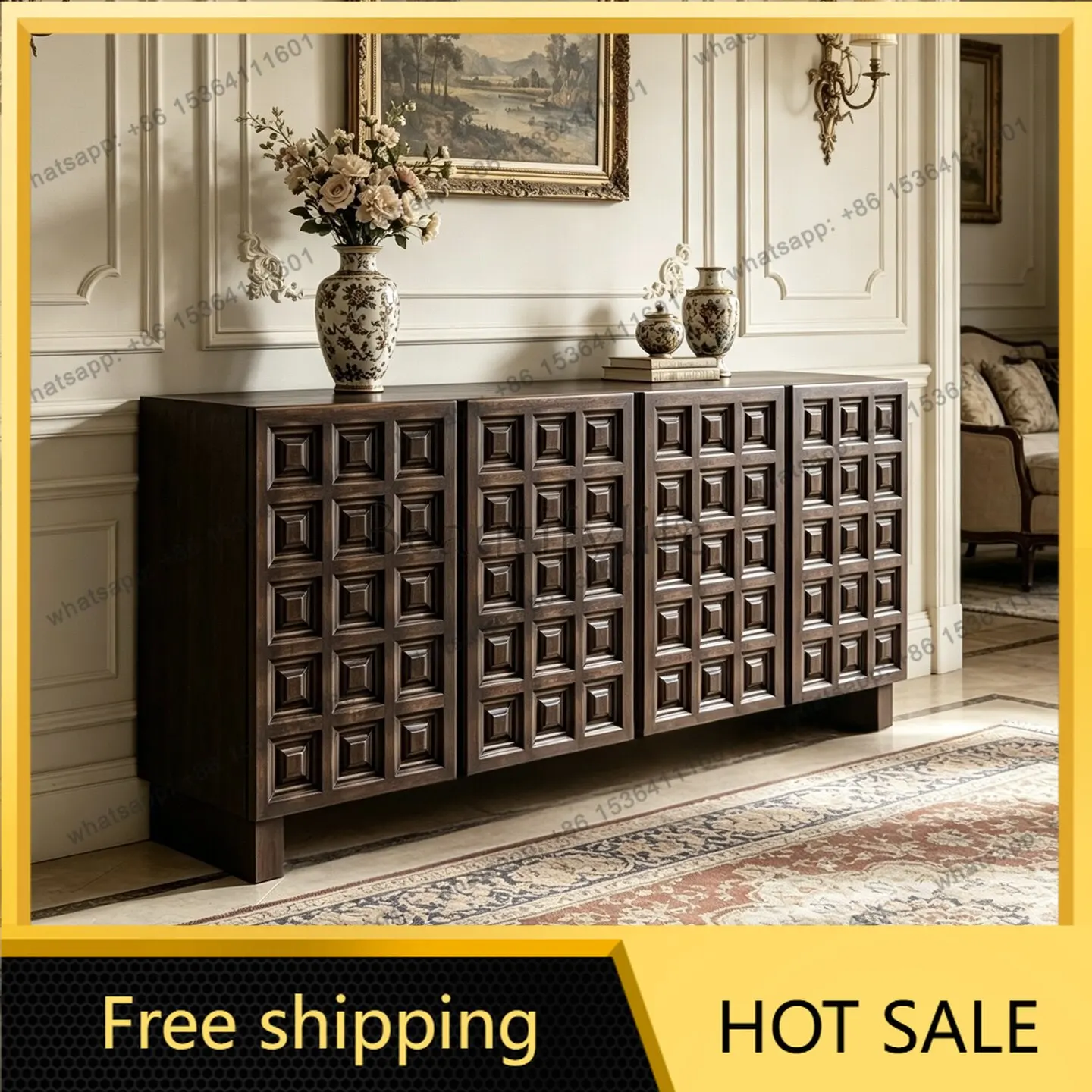 Factory Direct French Retro Solid Wood Entrance Cabinet Medieval Villa Living Room Geometric Texture Locker