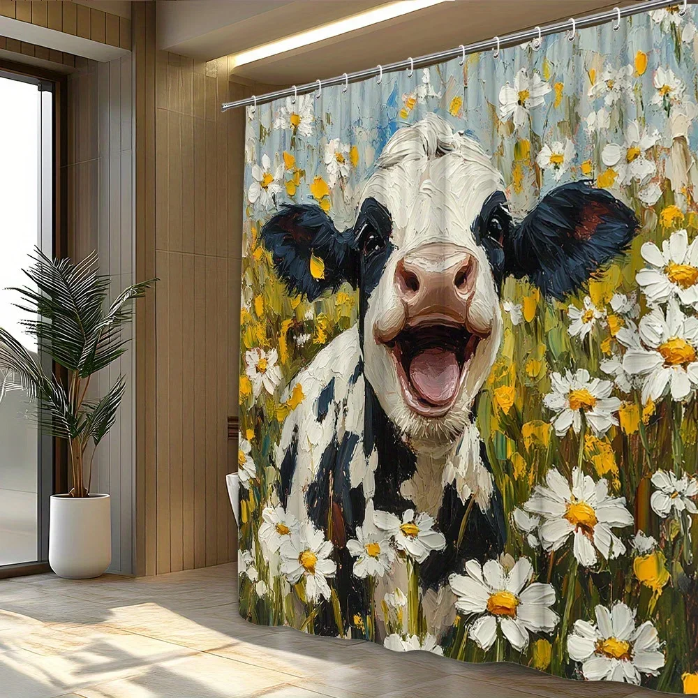 1pc farmhouse shower curtain-daisy field design cow, black and white cow, white daisy decorative shower curtain 180x180cmVVV