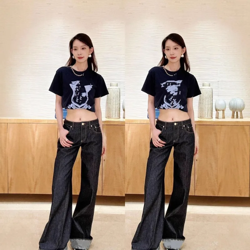 

2025 зимние прямые джинсы, женские джинсы со средней талией, свободный крой, широкие брюки, темно-синие, с закрученным подолом, длиной до пола, женские брюки