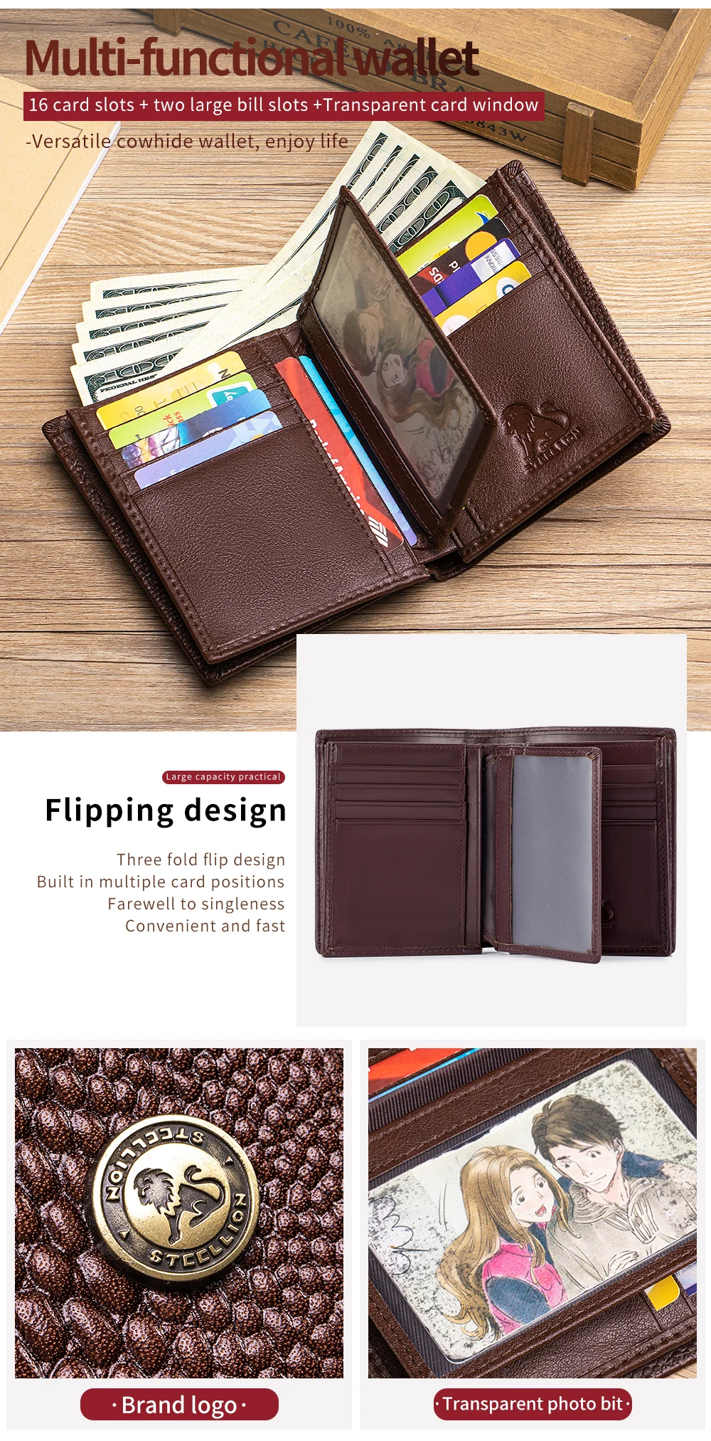 Herren-Geldbörse aus echtem Leder mit Krokodilmuster, Retro-Design, große Kapazität, mehrere Kartenfächer, Fotoalbumfach, Geschenkidee – Detail 4