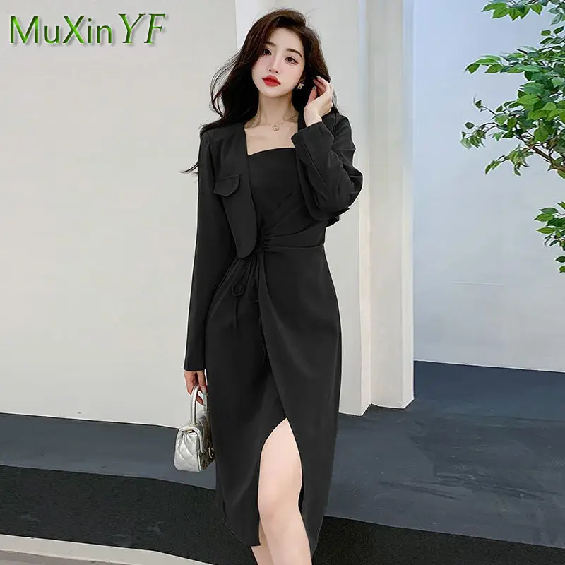 

Women's 2024 SpringNew Fashion Shorts Blazer Dress Two Piece Korean Elegant Chic Suit Irregular Split Slip Skirt Matching Set