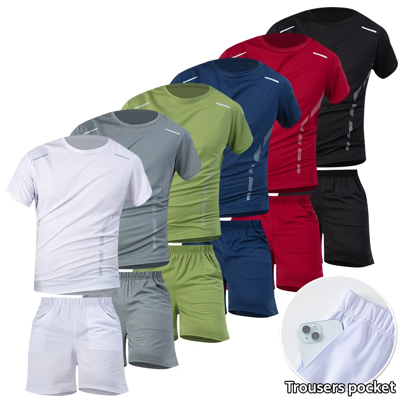 2-piece Men's Set Youth Four Season Printed Quick Drying Short Sleeved Sweatpants With Pockets Comfortable Plus Size Casual