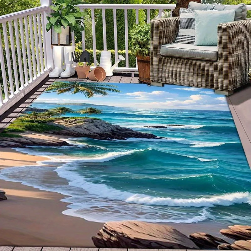 VIKAMA Scenic Seaside Large Area Rug Rocky Shore Surf Wave Coconut Tree Art Non‑slip Stain‑resistant Home Floor Carpet