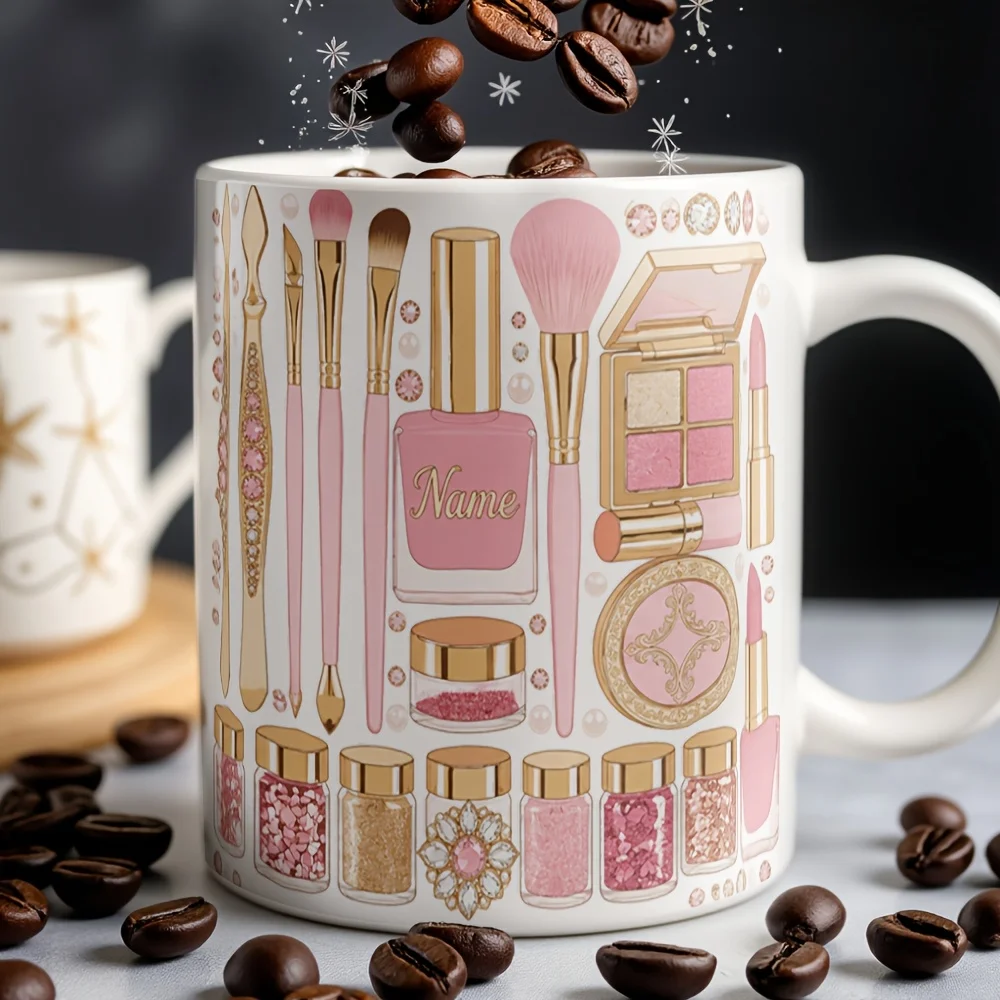 Shiny Pink Gold Makeup Pattern 11oz Ceramic Coffee Mug Cosmetic Lover Gift Fashion Drinkware