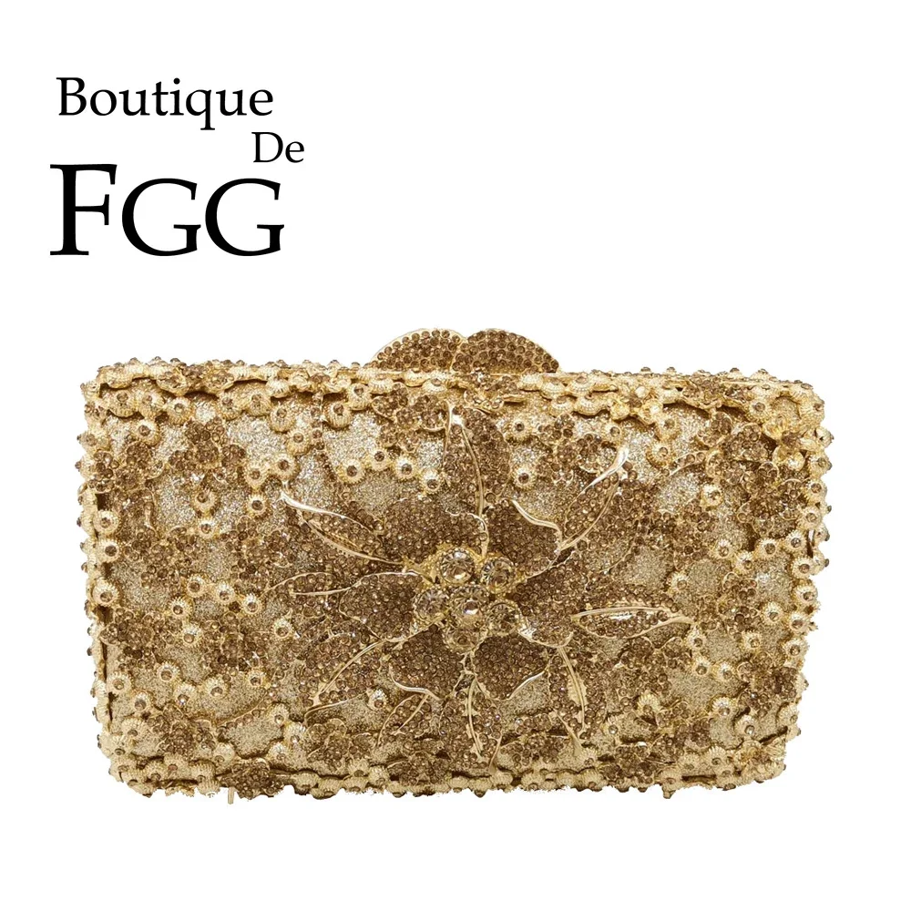 

Boutique De FGG Golden Flower Women Evening Minaudiere Bags Bridal Crystal Clutch Wedding Party Rhinestone Purses and Handbags