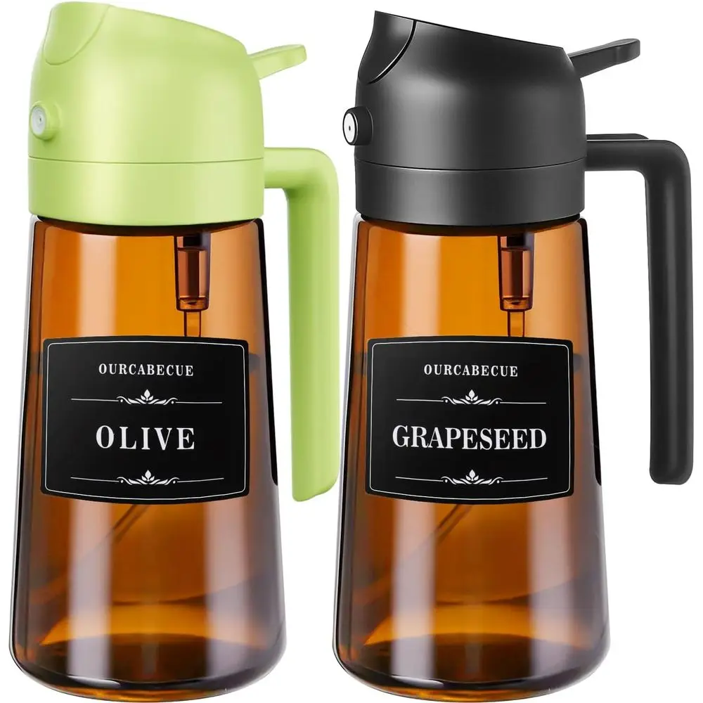Rociador y Dispensador de Aceite de Oliva de Doble Uso, Botella de Vidrio de 16 oz con Diseño Marrón que Bloquea la Luz y 8 Etiquetas para Aceite (Negro + Verde)