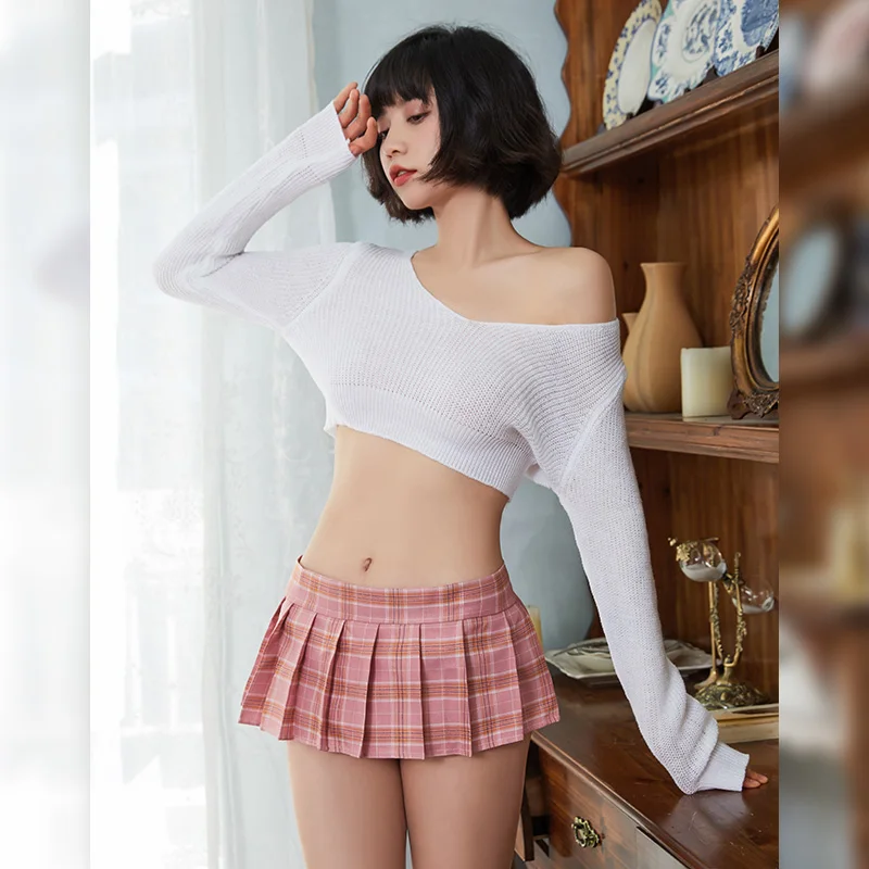 Sexy Sheer Knit Crop Top Lingerie Set Women's Pink Plaid Pleated Mini Skirt + White Thigh High Stockings Roleplay Outfit Cosplay image 2