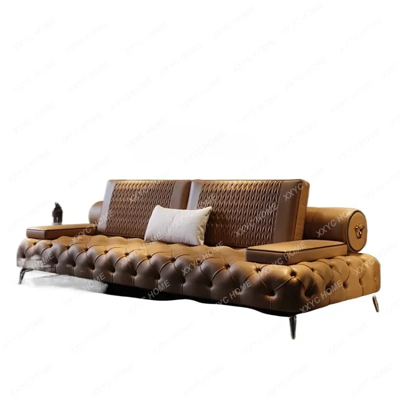 Zf light luxury leather sofa first layer cowhide modern simple straight row sofa four-person living room