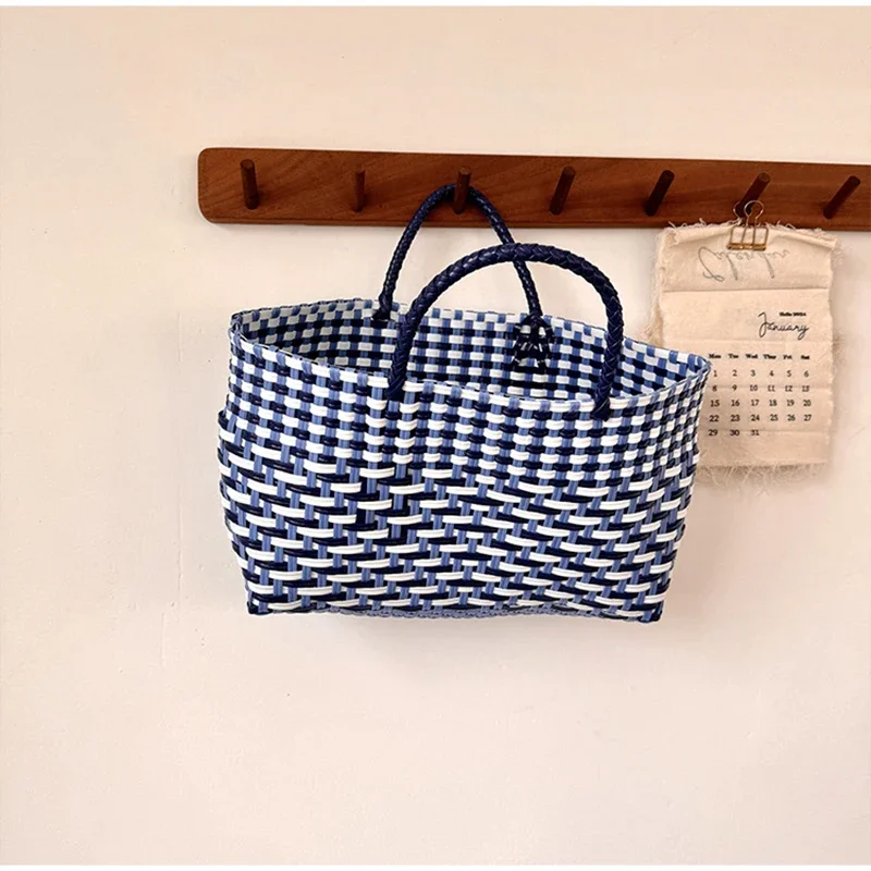 Handgefertigte Colorblock-Webtasche, Damen-Sommer-Tragetasche, Sommer-Einkaufstasche für Strandurlaub, Picknick, Haustiertransport – Detail 9
