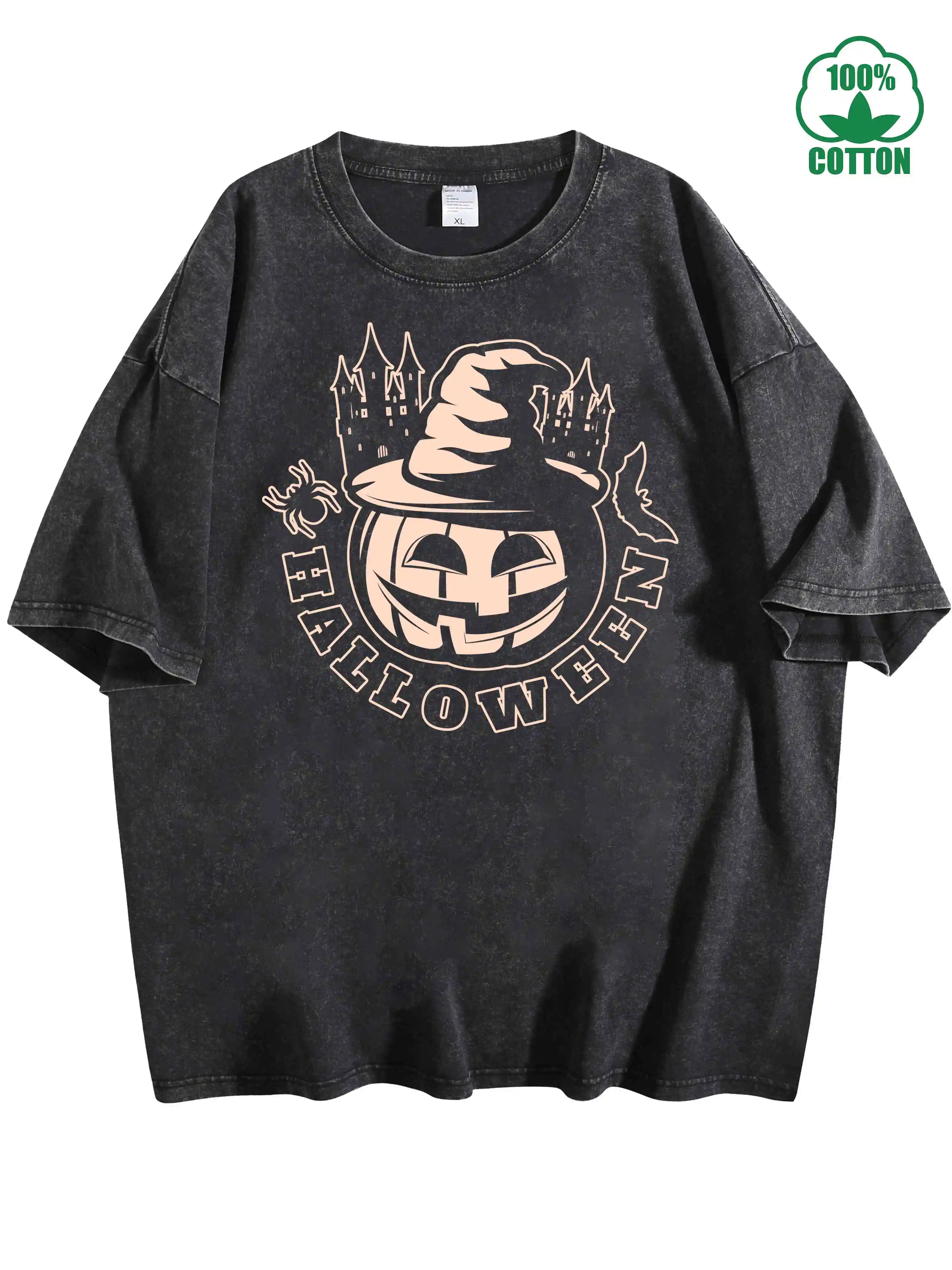

Halloween Horror Night Pumpkin Head Graphic Print 100% Cotton Vintage Washed T-Shirt 230g, Comfortable Oversized Streetwear For