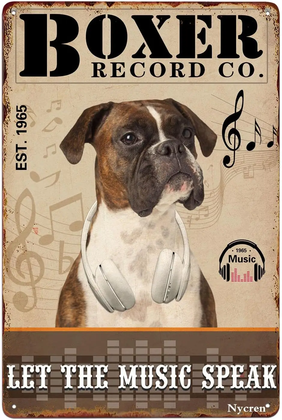 Vintage Boxer Dog Record Tin Sign Let The Music Speak Retro Decor Art Home Bedroom Office School Library Bookstore Cafe