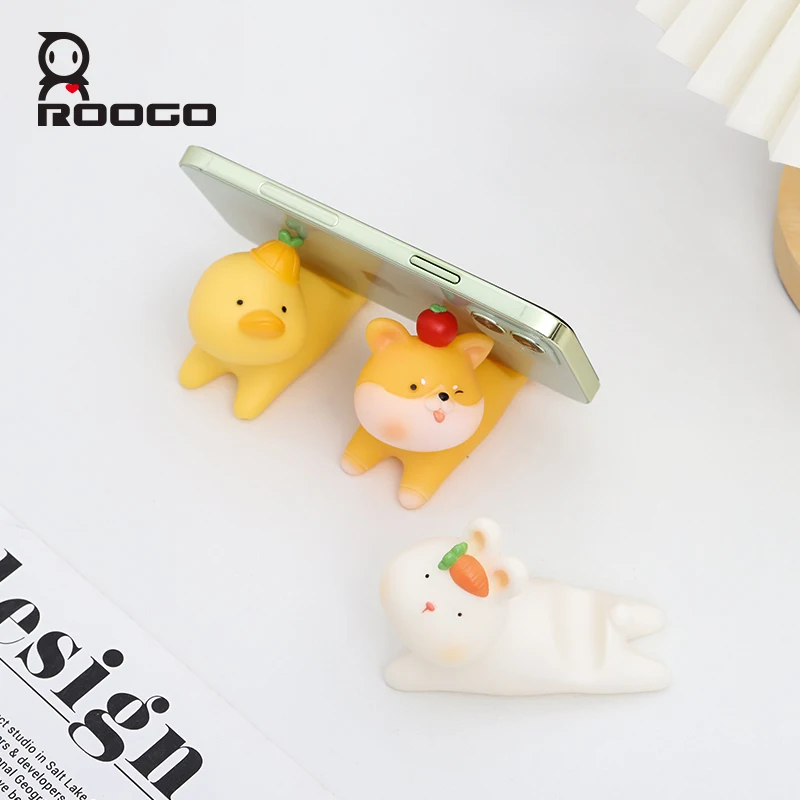 ROOGO Lovely Animals Phone Holder Kawaii Accessories PVC Phone Support Cat Rabbit Dog Pig Ornament Mini for Home Office Desk