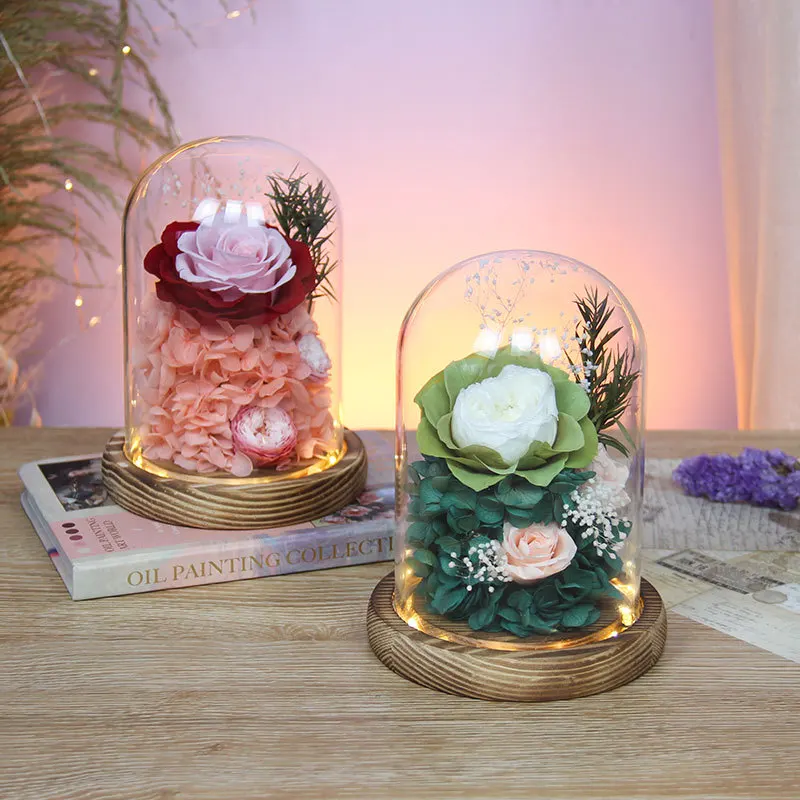 Eternal Rose in Glass Dome Figurines Pretty Preserved Rose Flowers Wooden Base for Valentine's Day Wedding Diy Lamp Ornaments