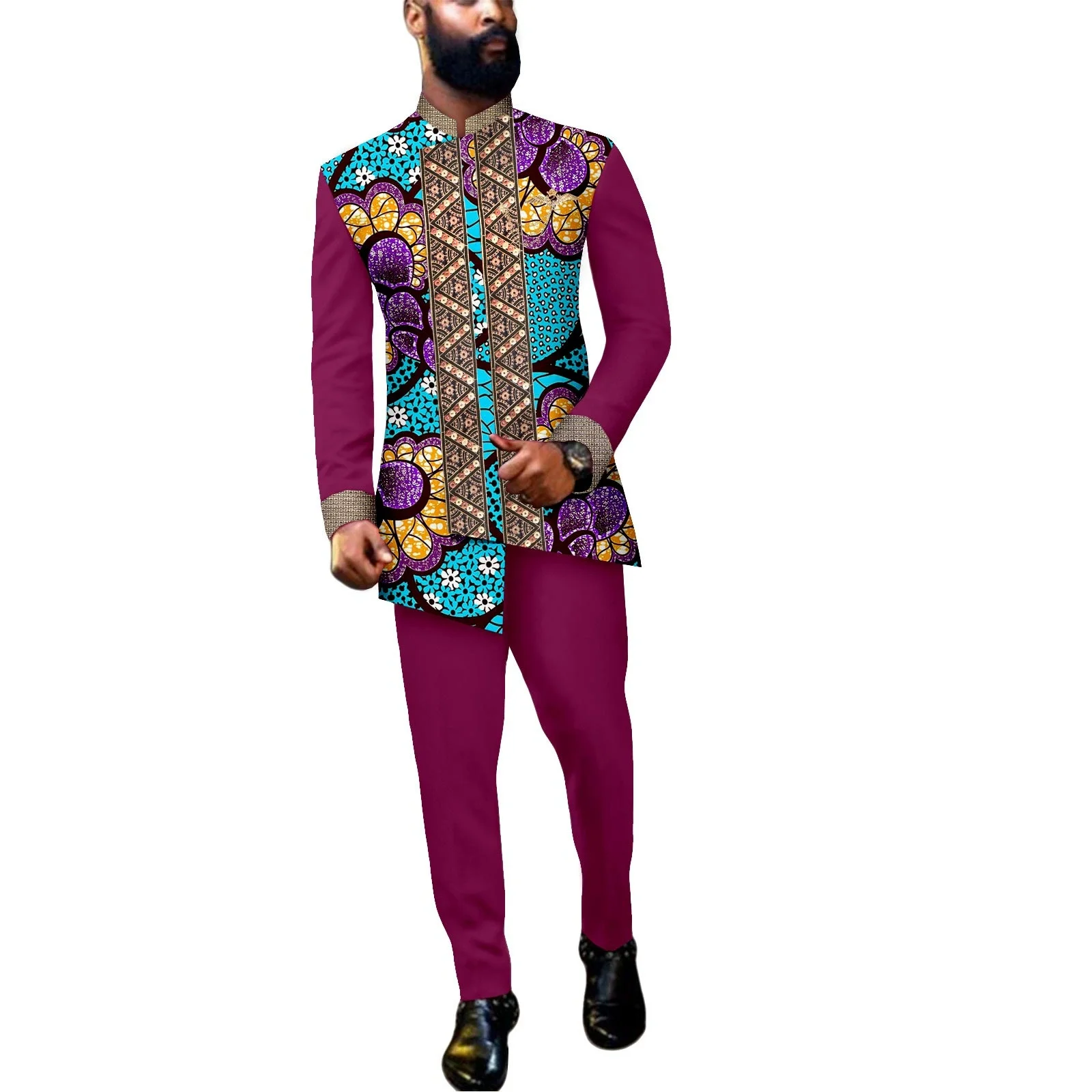 2025 أنيقة النمط الأفريقي الرجال بدلة فاخرة منقوشة شريط واحد الصدر دعوى وسراويل 2 قطعة بدلة عمل غير رسمية للرجال