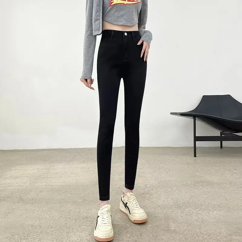 

High Waist Slim Fit Jeans Women's Autumn Winter New Style Nine Points Pencil Pants Cotton Elastic Denim Wear Resistant