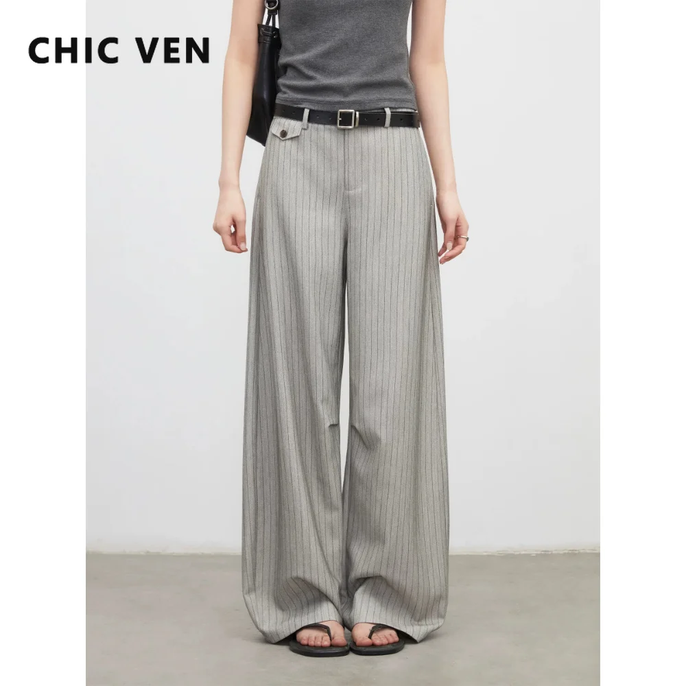 

CHIC VEN New Fashion Women Trousers Loose Casual Herringbone Office Ladies Wide Leg TR Suit Pants Side Pocket Spring Summer 2026