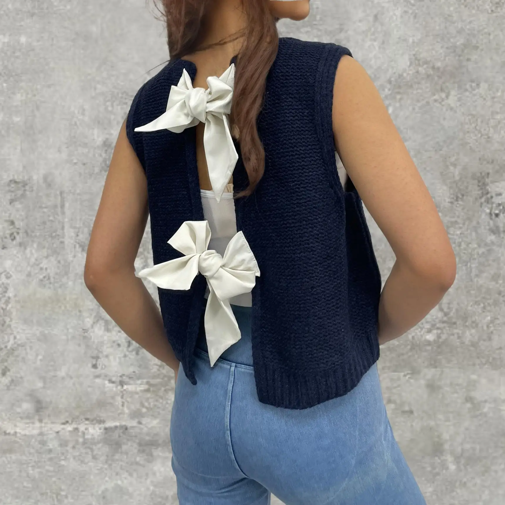 2025Women's Ort Weste Cardigan Pullover Baumwolle gestrickt vorne offen Knoten Design Farbe