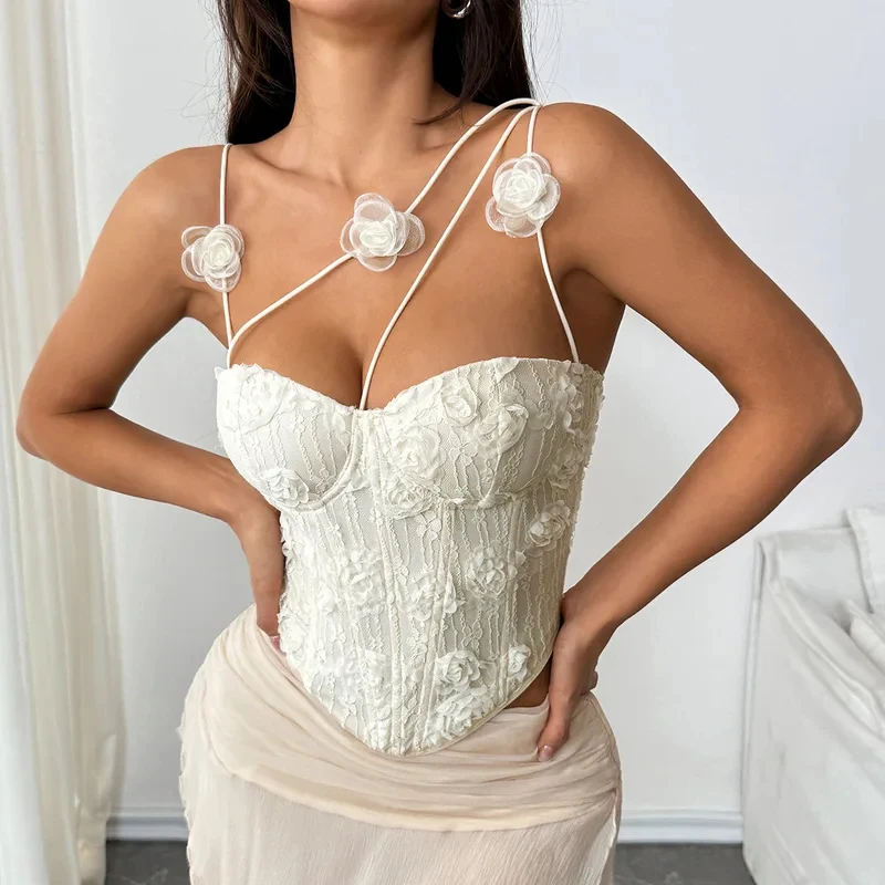 Women's Chic Cream 3D Rose Lace Corset Top Criss Cross Spaghetti Strap Bustier Corset for Streetwear Clubwear
