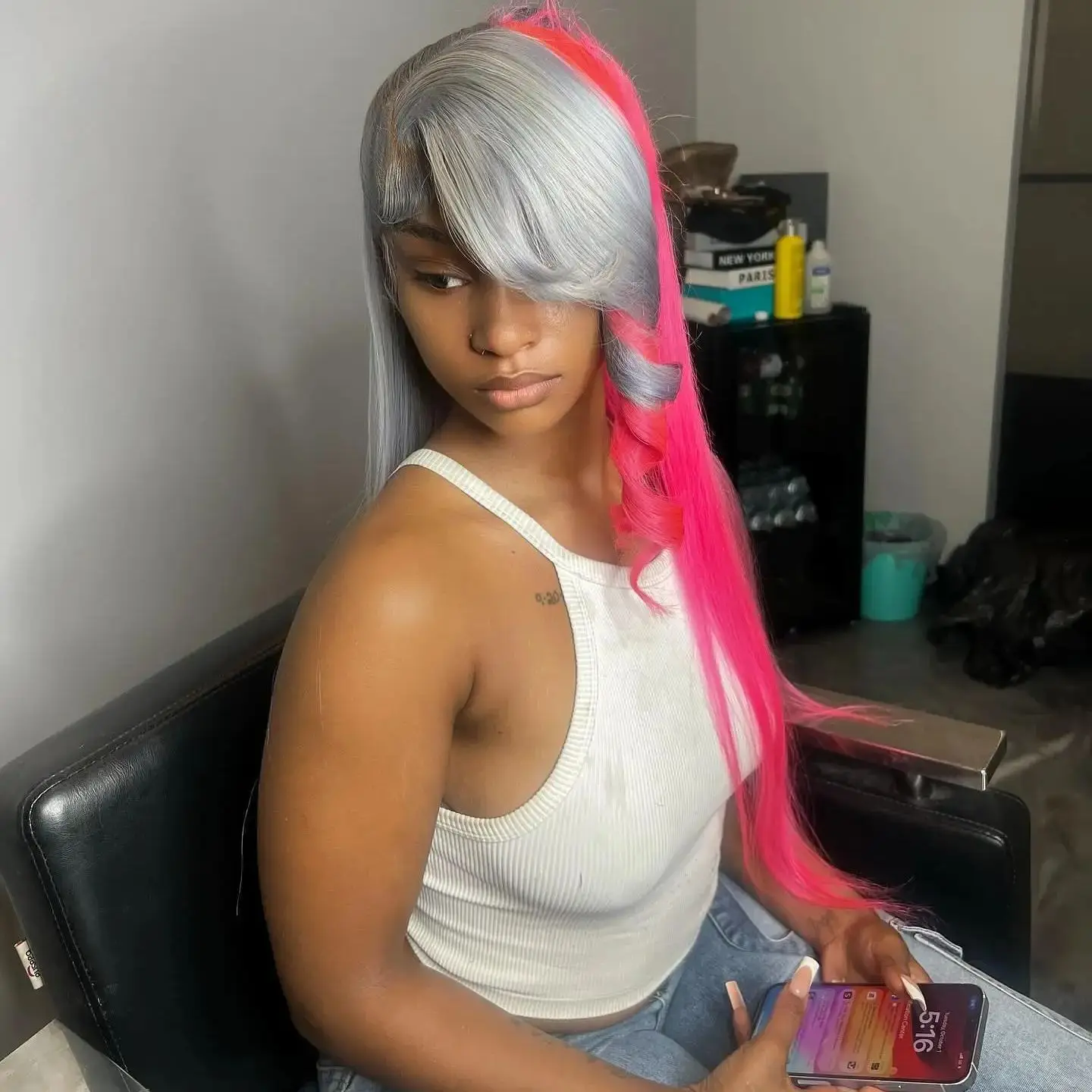 

Half Colored Pink Grey Bone Straight 13x4 Lace Frontal Wigs 13X6 Transparent Lace Frontal Human Hair Wig 180% Remy Preplucked