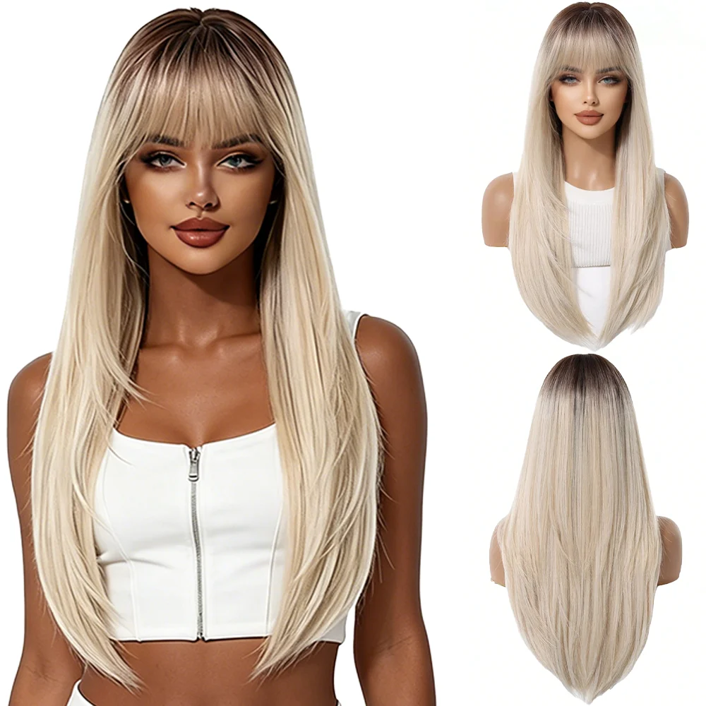Ombre Platinum Blonde Long Straight Wig With Bangs Dark Roots Heat Resistant Synthetic Glueless Wigs For Black Women Daily Party