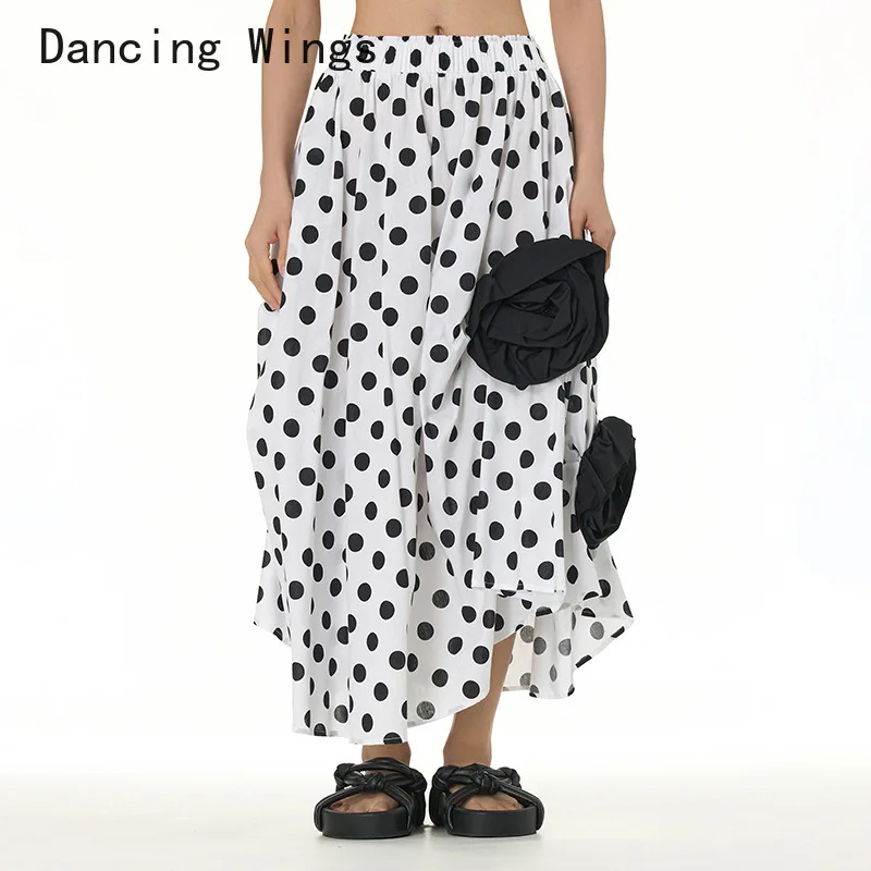 Spring Summer Polka Dot Large Swing Printed Cotton Umbrella Skirt Korean Style Long Black White A Line Skirt for Women