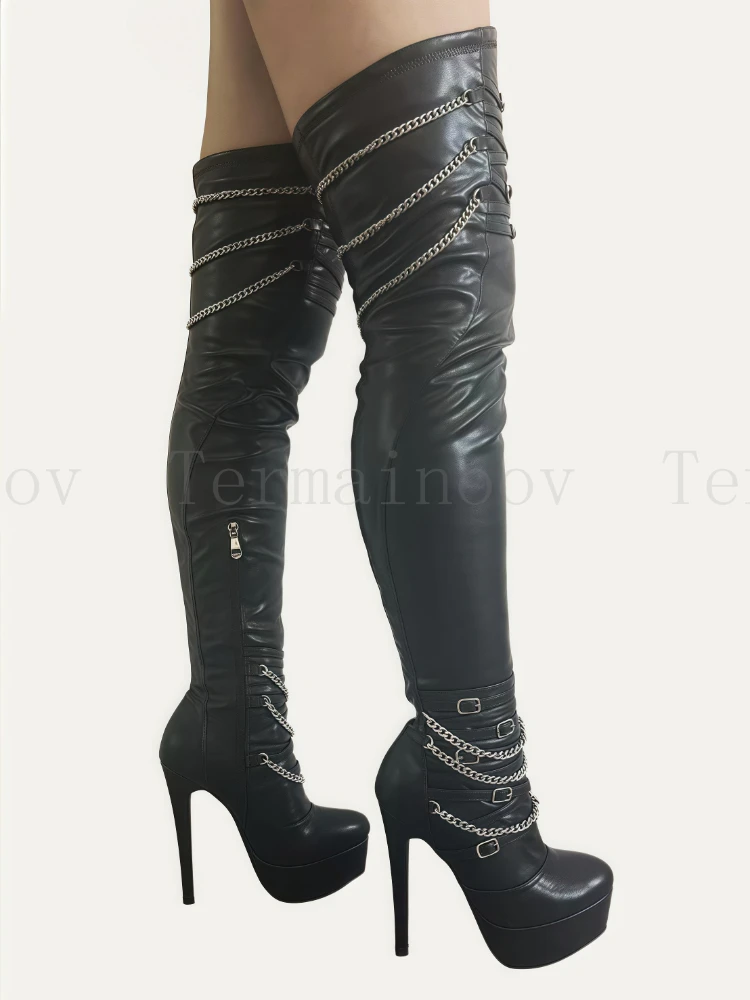 

Sexy Women Over The Knee Boots Elegant Pointed Toe Stiletto Heels Metal Chain Buckle Platform Boots Gothic Style Long Boots