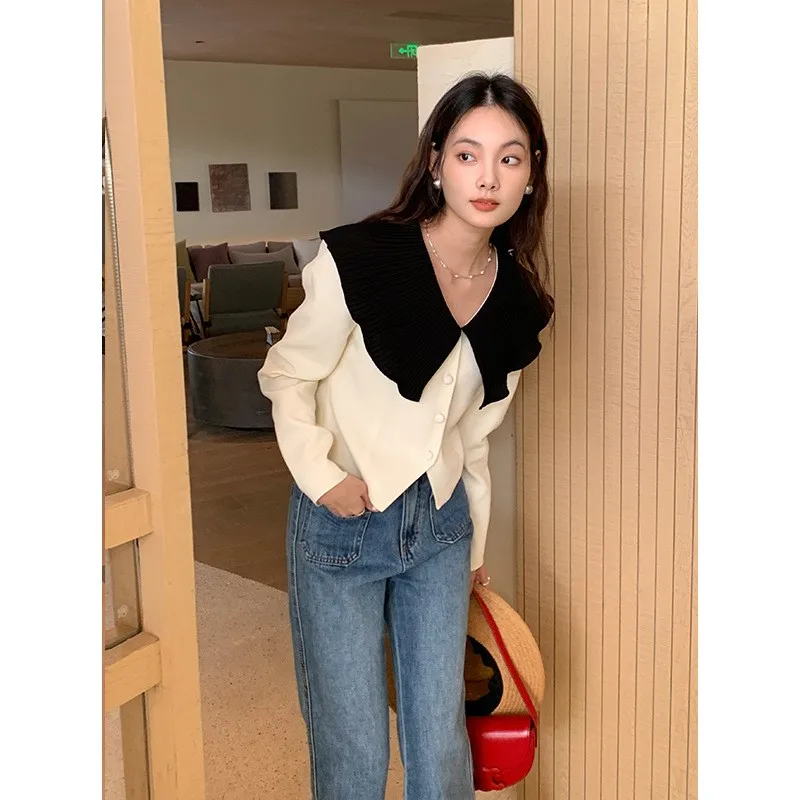 

Spring 2023 New Pressure Plait Led Long Sleeve Cardigan Coat Korean Edition Socialite Small Color Female Lotus Leaf Navy Leader