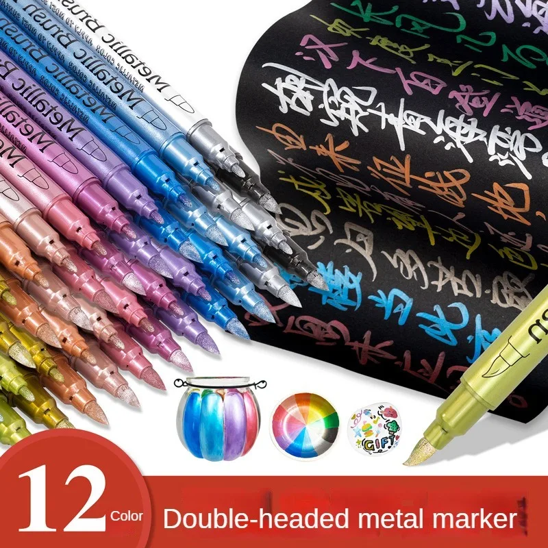 Imagem -04 - Double Head Metallic Marker Canetas Marcadores de Pintura Permanente para Artista Ilustração Artesanato Gift Card Making Art Supplies 12 Cores