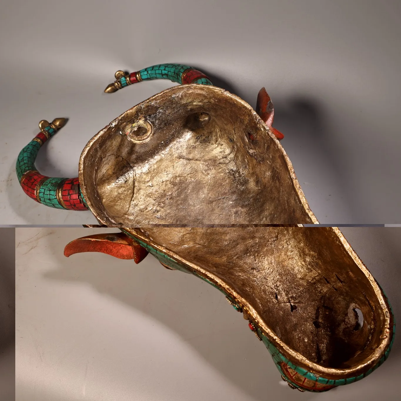 Old Bronze Outline in gold Mosaic Gem Turquoise OX Cattle Bull Head Mask Worship Hall Wall hanging