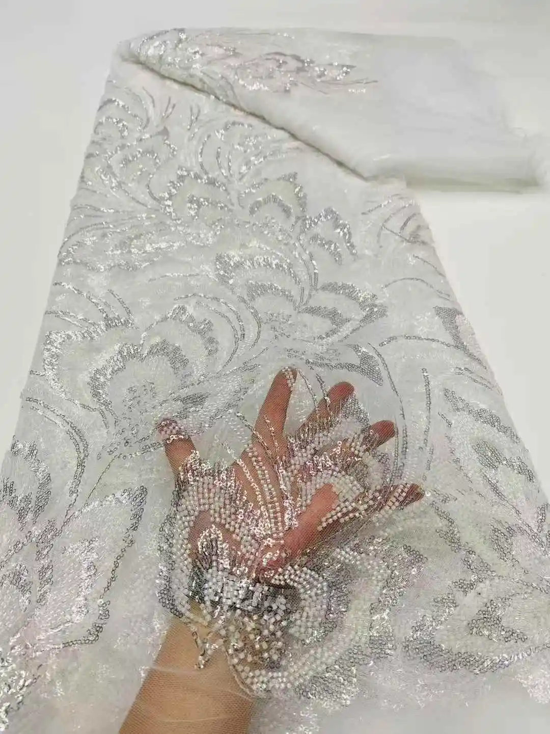 

African Lace Fabric 2025 High Quality Beaded Nigerian Lace Fabrics for Wedding Women Dresses French Tulle Lace Fabric -DP
