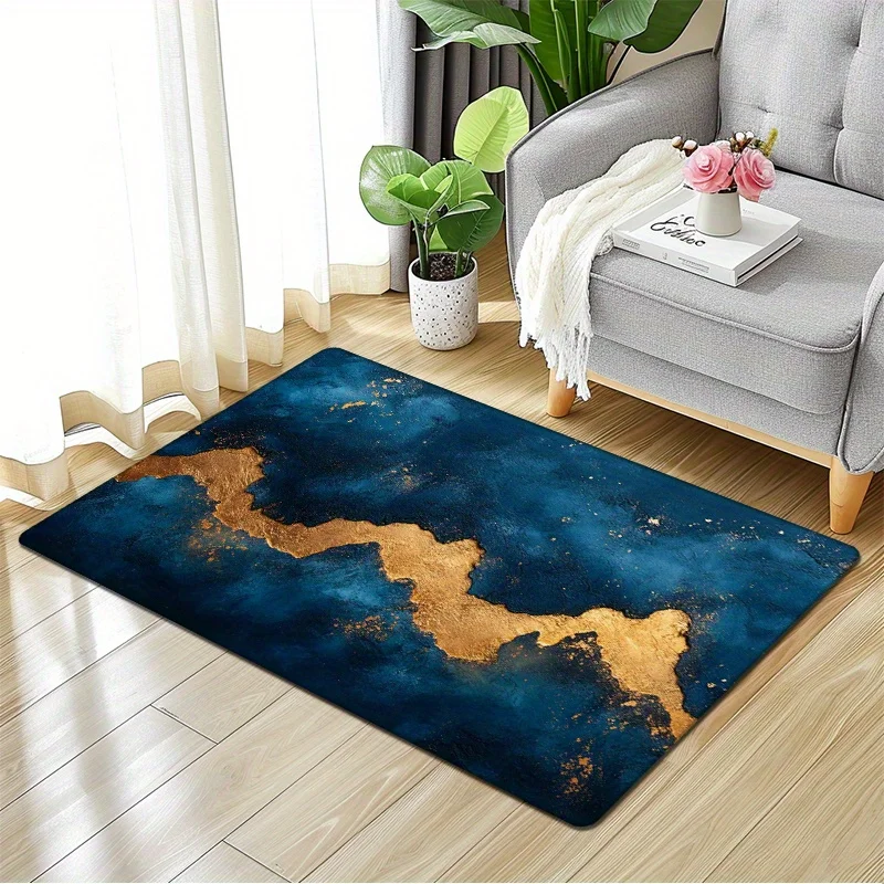 Flannel Thickness  Thick - 1pc Vintage Dark Blue and Golden Crack Pattern Door Mat, Abstract Art Style Printed Absorbent