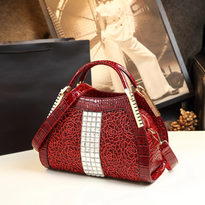 Luxury Fashion Diamonds Women Handbags Crocodile Pattern Leather Lace flowers Bag Female large capacity Shoulder Messenger Bags