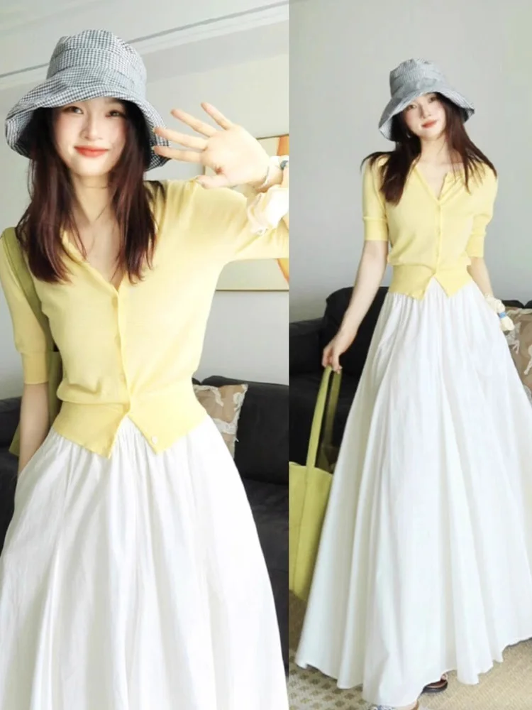 Cómoda protección solar de punto fino cubrir dulce joven adelgazamiento Casual perezoso versátil ort Sve v-ne Top