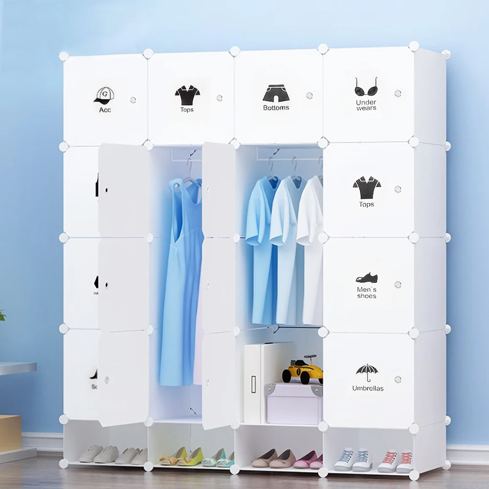 Armario, zapatero, armario con estante cubo, 16 compartimentos, zapatos modulares de plástico, blanco, 147 x 36 x 162 cm