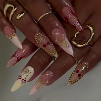 24pcs Long Almond Press on Nails Gold Bow Fake Nails Cherry Pattern False Nail Artificial Tips Накладные Ногти Uñas Postizas 네일팁