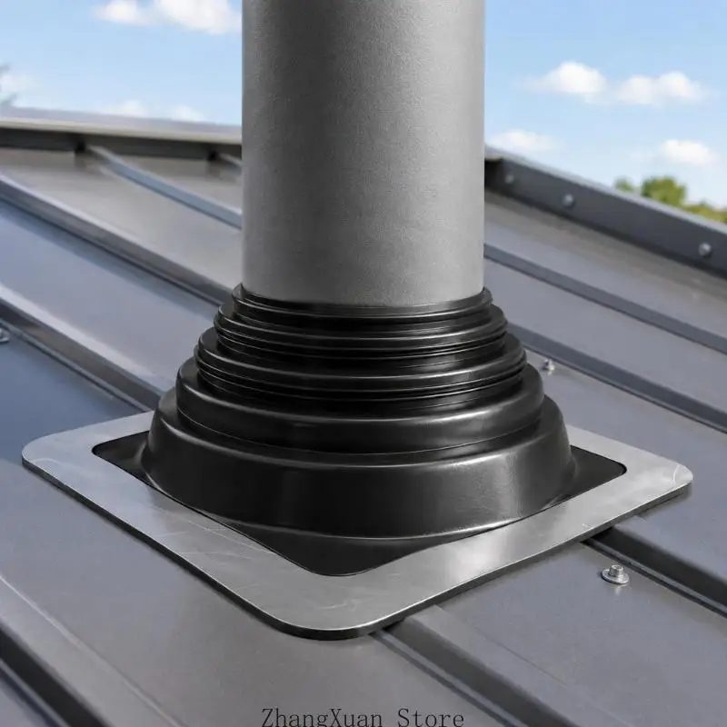 Abgasleitungs-Dacheinfassungsbaugruppe mit quadratischer Metallbasis und flexibler Stufenmanschette für Installationsarbeiten – Detail 9
