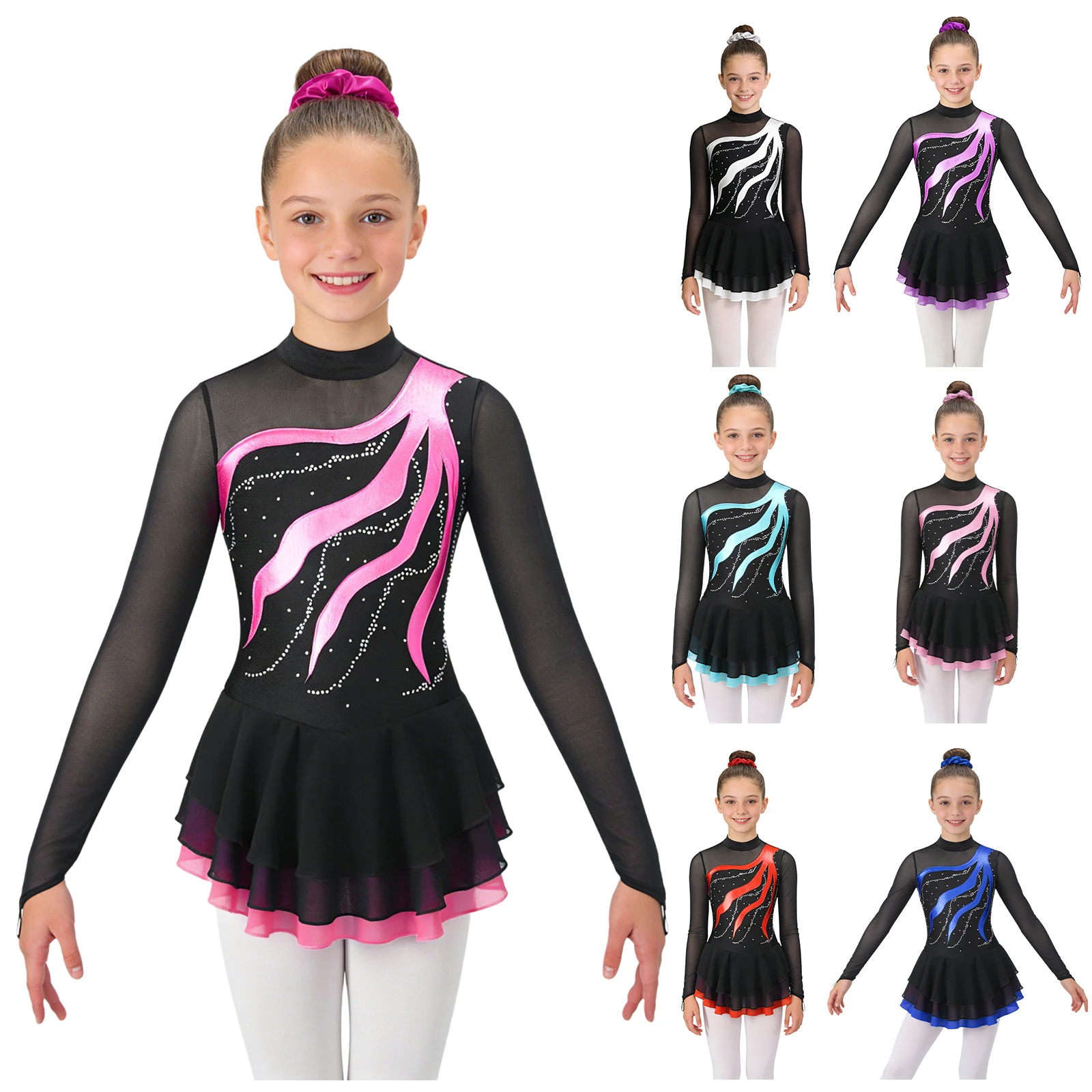 Figure Ice Skating Dress Kids Girls Long Sleeve Ballet Tutu Dance Dresses with Hair Band Gymnastics Leotards Performance Costume