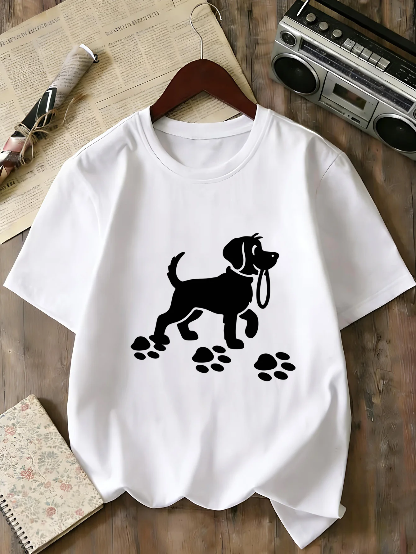 Family Matching T Shirt Walking Puppy And Paw Prints Graphic Print Short Sleeve Cotton Tee For Boys Girls Kids Daily Casual Wear